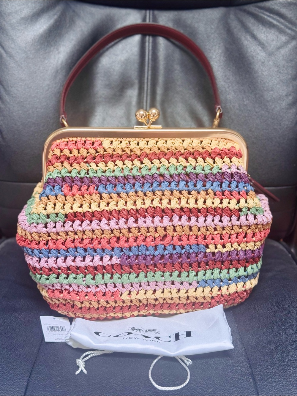 NWT COACH MULTICOLOR STRAW LARGE KISSLOCK 27 BAG CDZ29 In Multi - Picture 1 of 13